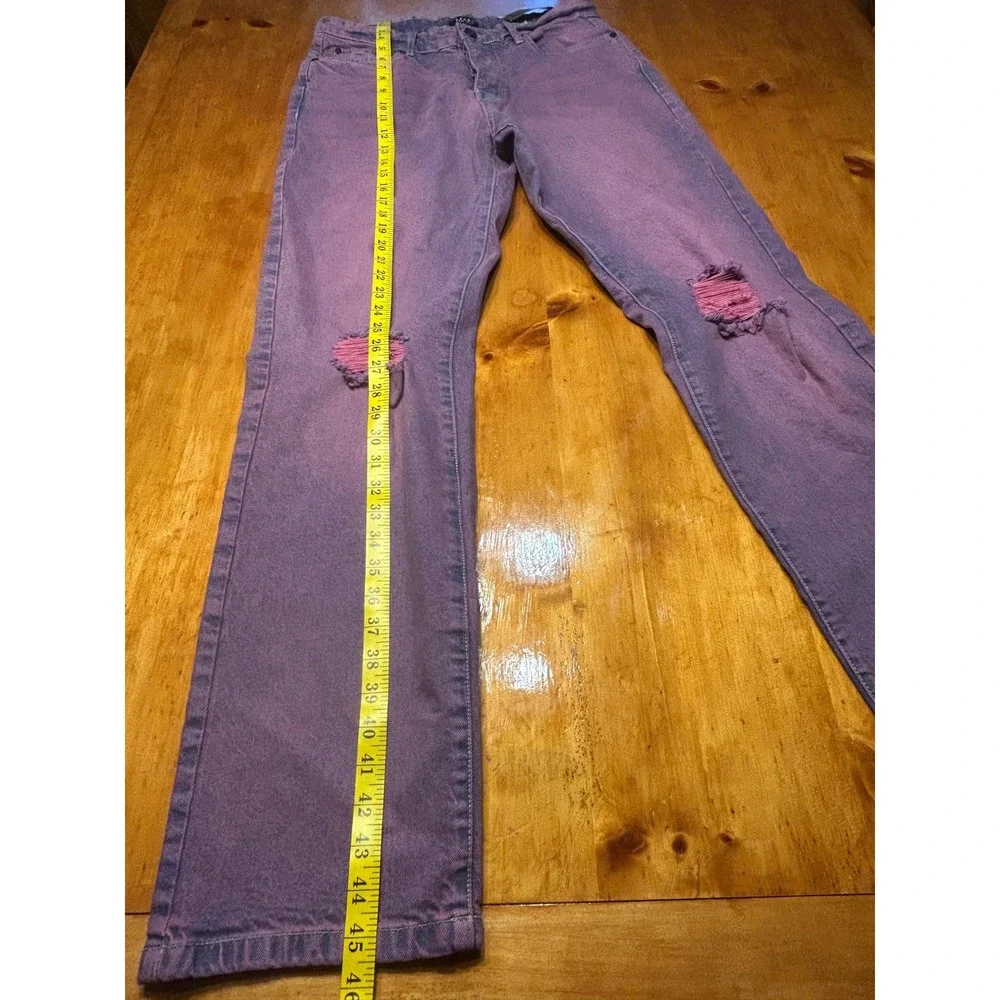 boohooMAN Mens Y2K‎ Grunge Relaxed Rigid Tinted Jeans Pink Purple Ripped Knee